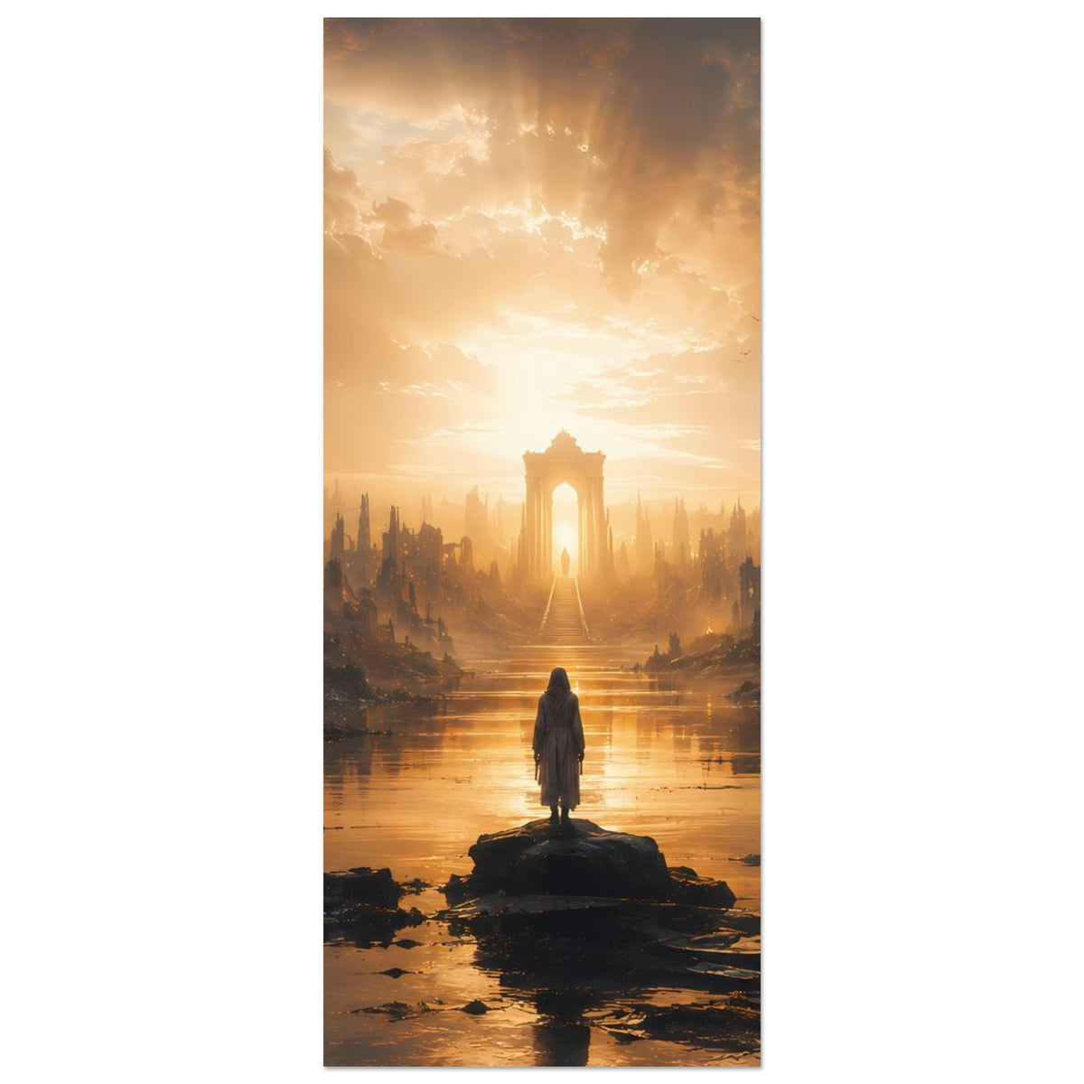 Postapokalyptisches Stadtlandschafts-Poster, hochkant: Fluss, Figur auf Felsen, goldenes Licht.