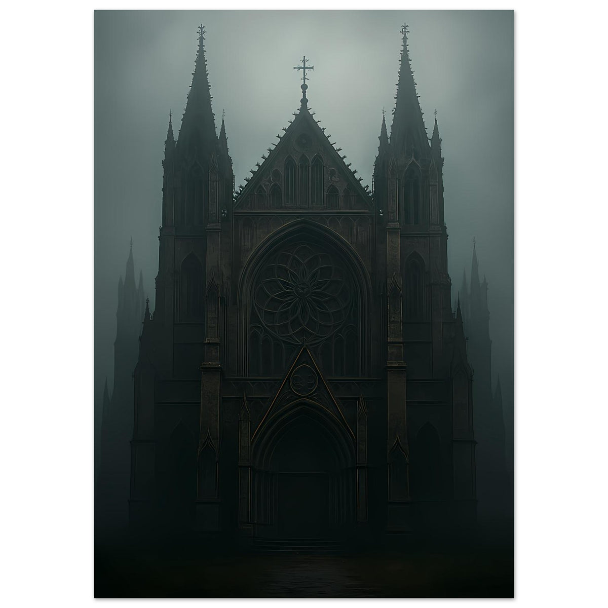 Gotisches Kathedralen-Poster, ganzer Aufbau der Kathedrale mit gotischen Fenstern und Tor