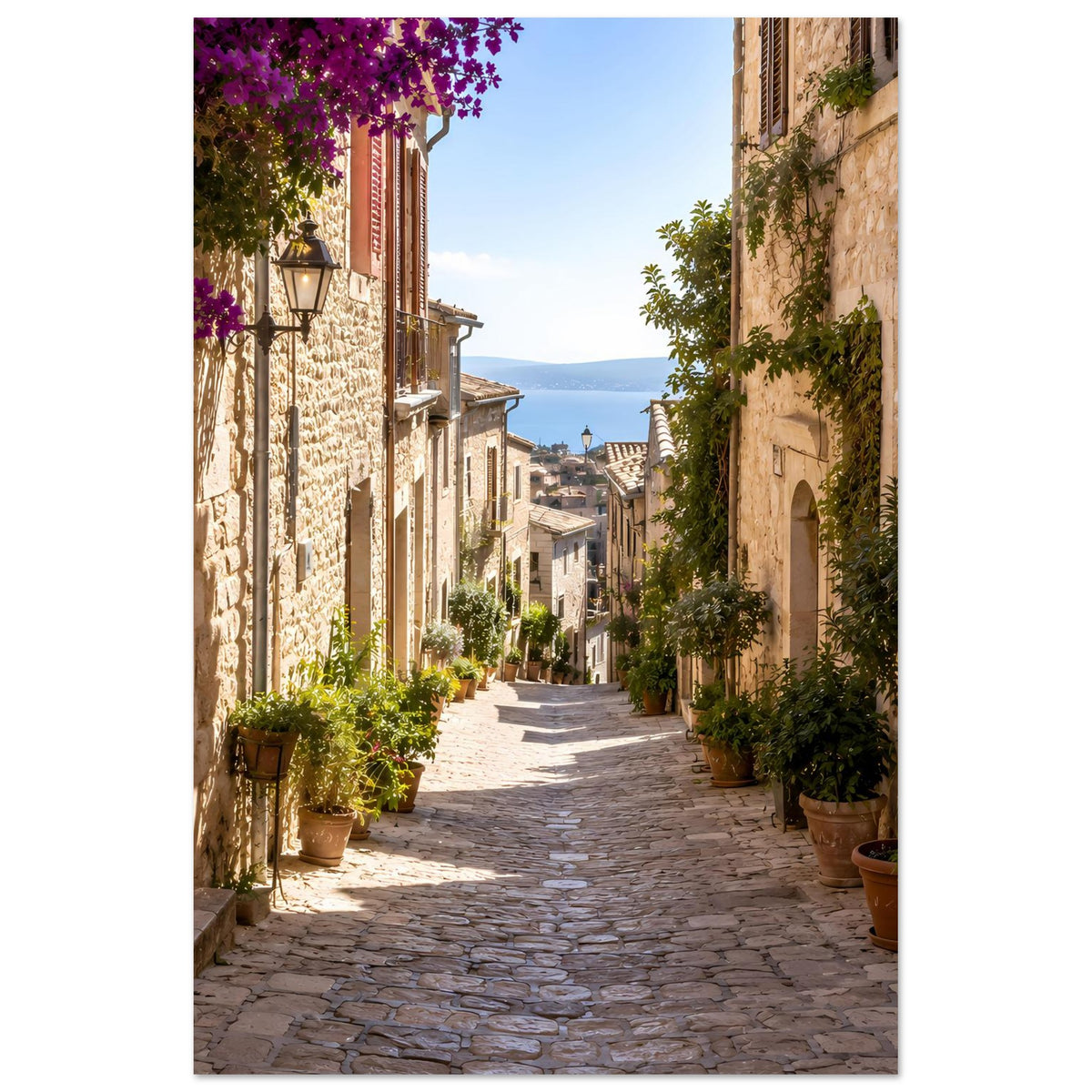 Hochformat-Poster: mediterrane Gasse zwischen Steinhäusern mit Töpfen und lila Blüten