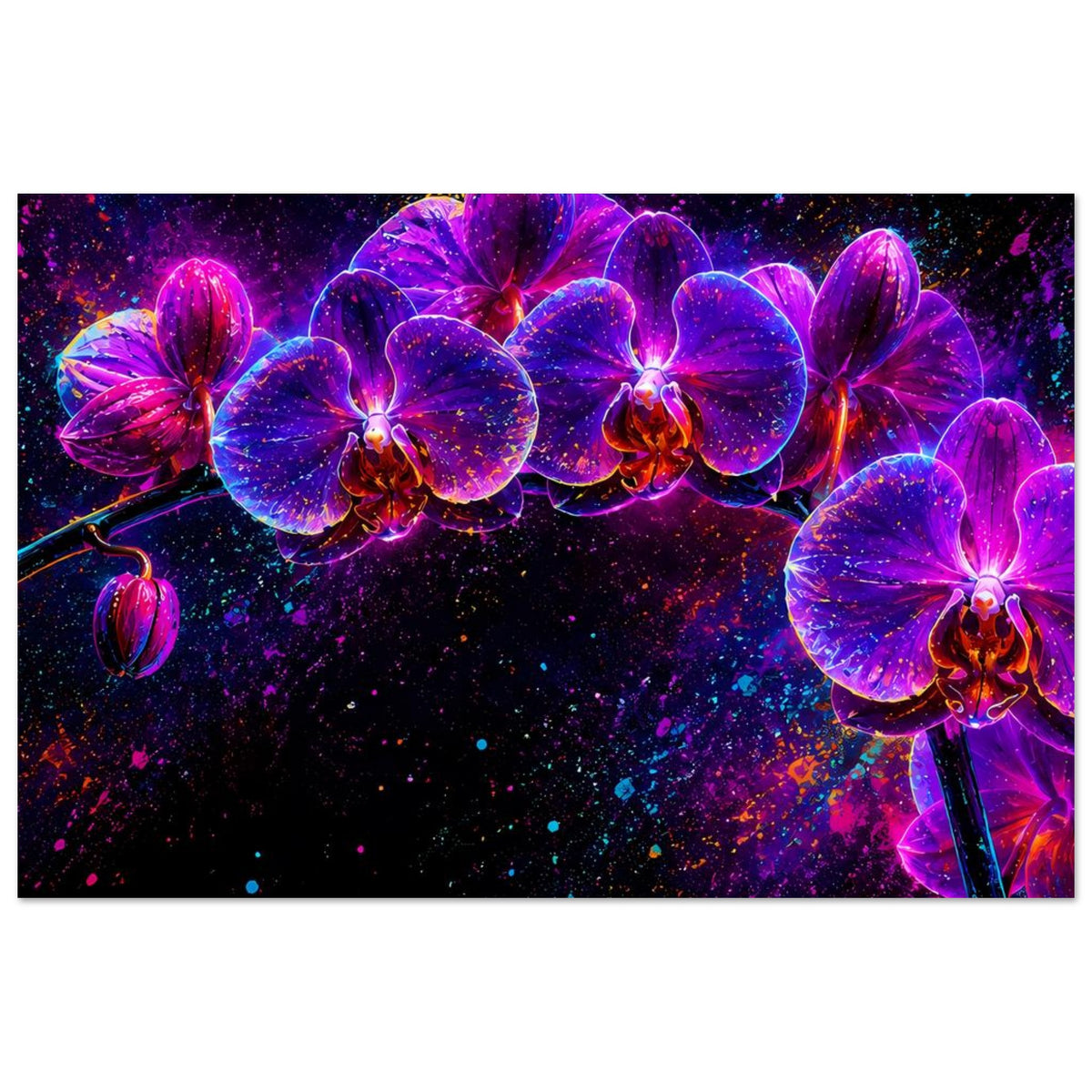 Abstraktes Blumenposter mit Neon-Orchideen in Pink und Violett, breiter Blumenbogen