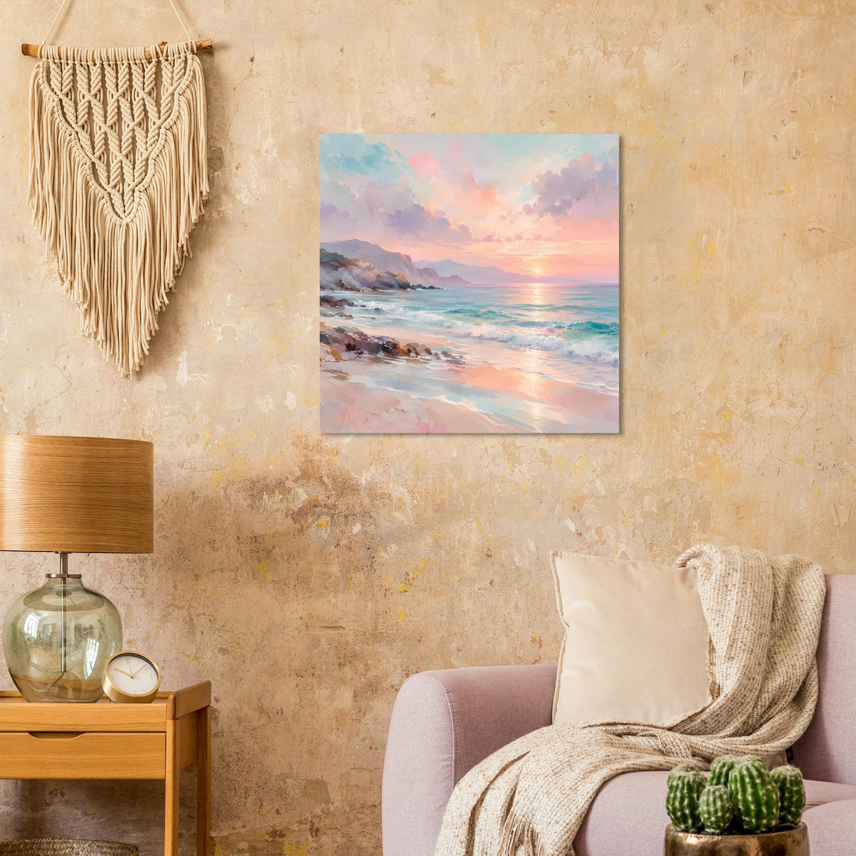 Quadratisches Poster: Sonnenuntergang über dem Meer mit bunten Wolken und sanften Wellen.