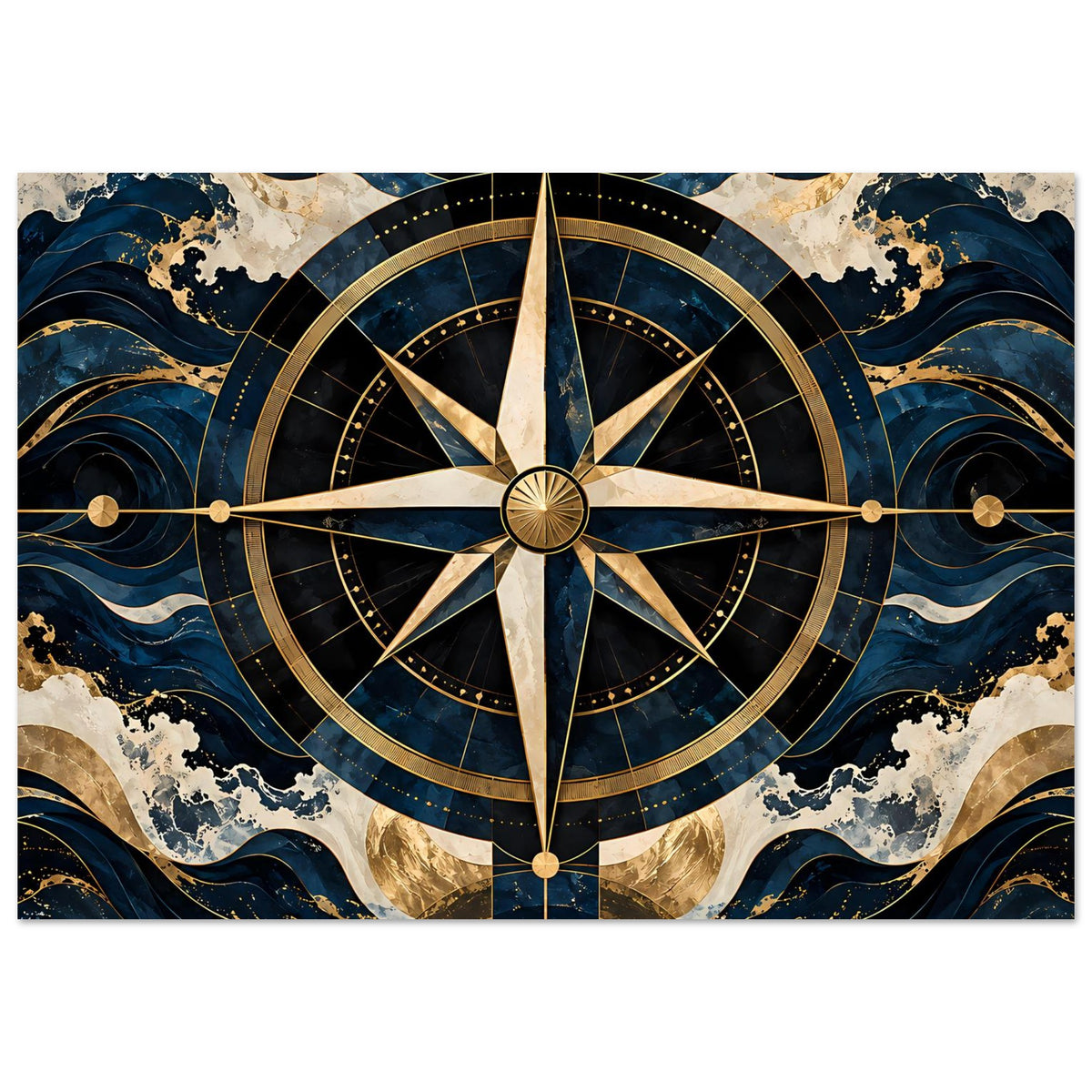 Maritimes Navigationsposter (horizontal): Kompassrose im Zentrum, goldene Strahlen auf Blau