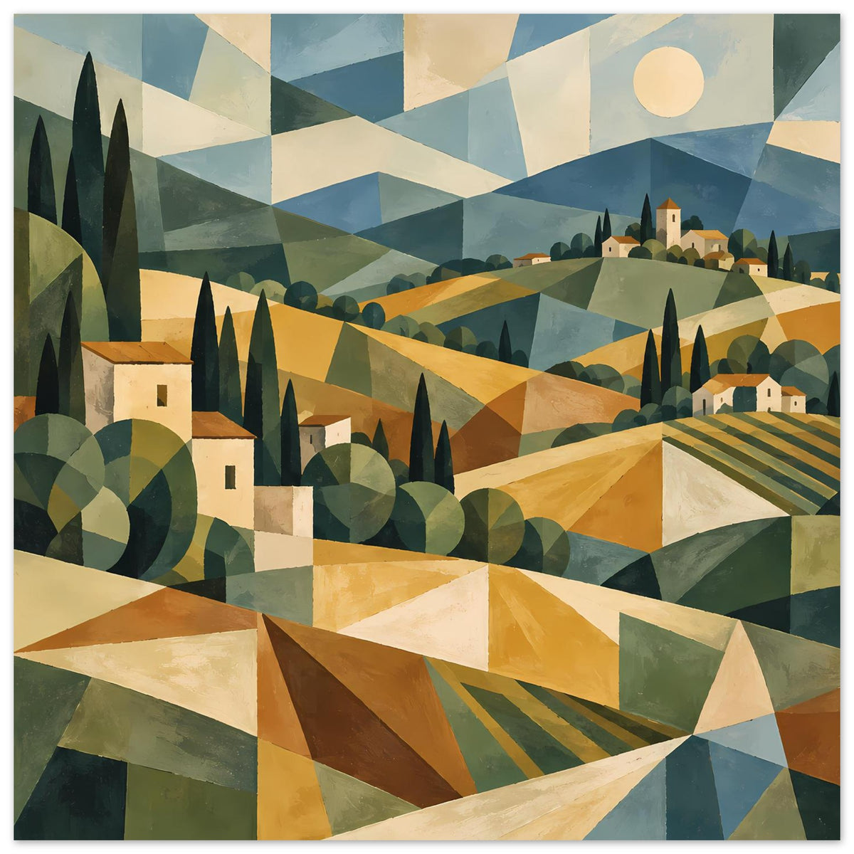 Poster im Querformat mit geometrischer Toscana-Landschaft, warmer Farbpalette und Sonnenkreis
