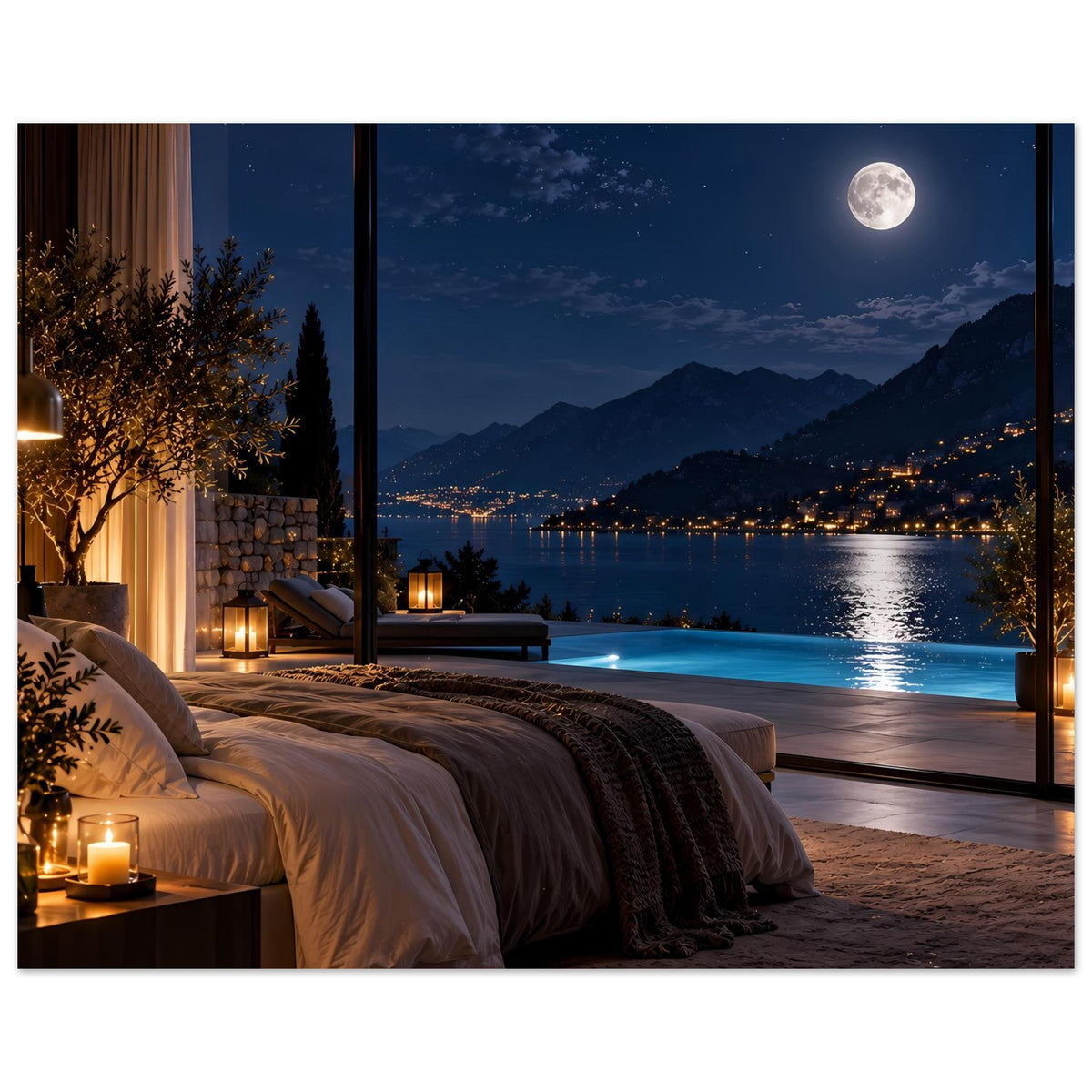 Poster: Bett mit dunkler Tagesdecke, Kerzen am Nachttisch und Mond über dem See.