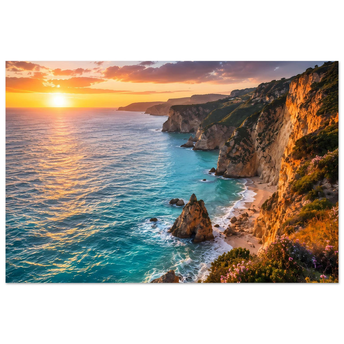 Poster Küstenlandschaft im Sonnenuntergang: türkisblaues Meer, Sandbuchten und Felsklippen