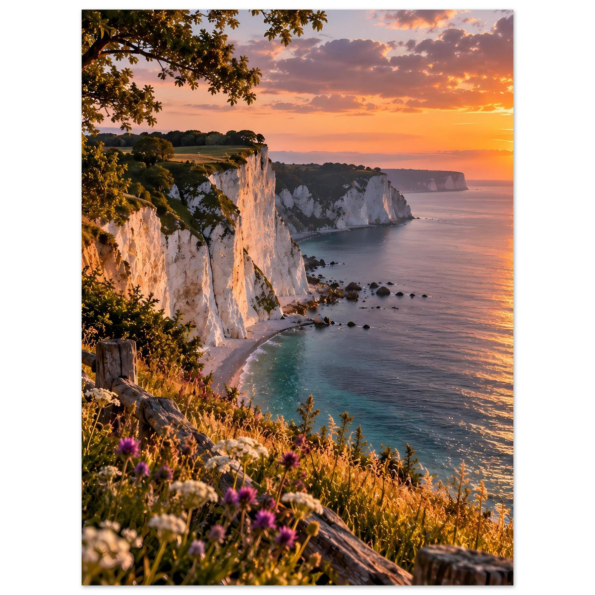Poster mit weißen Kreidefelsen, Meer und Blumenwiese im Vordergrund bei Sonnenuntergang