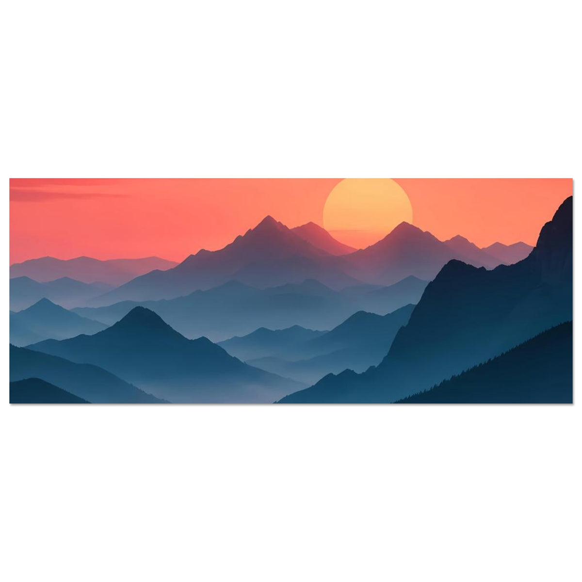 Horizontales Landschaftsposter mit pastelligem Sonnenuntergang und blauen Bergsilhouetten