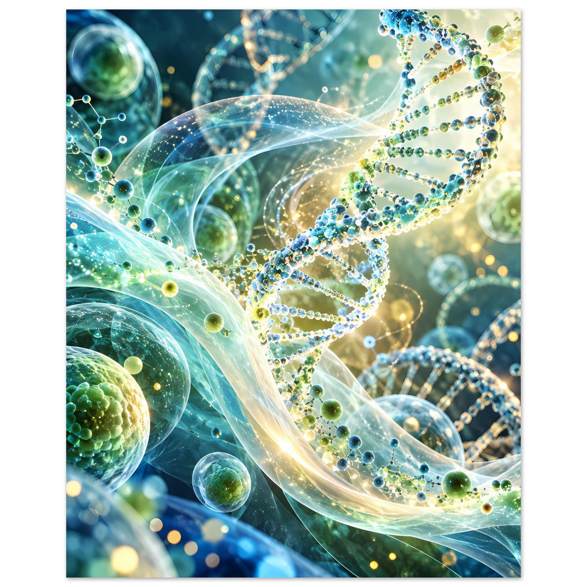 Leuchtendes DNA-Doppelhelix-Biotech-Poster, vertikale Ansicht mit hellen Lichtfäden