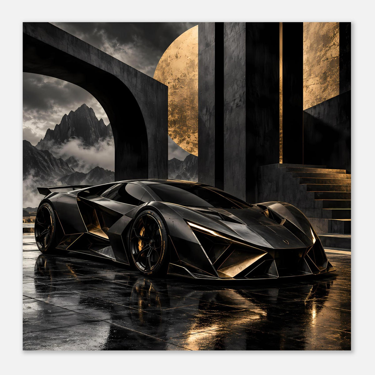 Autoposter im Querformat: Supersportwagen Schwarz und Gold mit Bergkulisse im Hintergrund