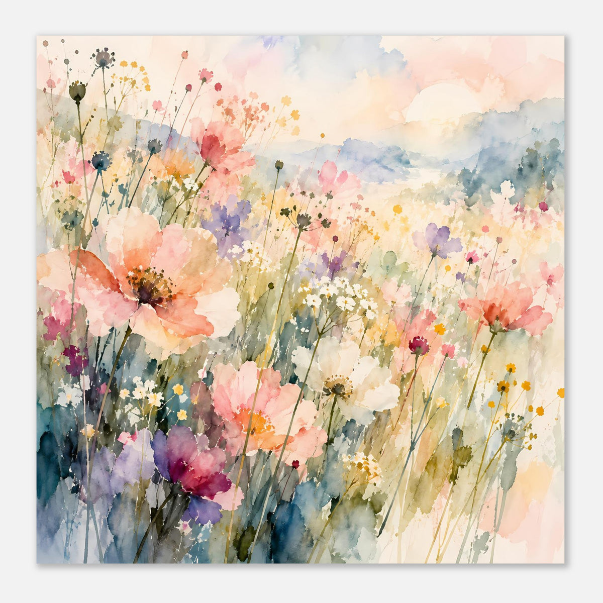 Aquarell-Poster mit Pastell-Wildblumen, zarte Pinseloptik und Blüten, quadratischer Ausschnitt