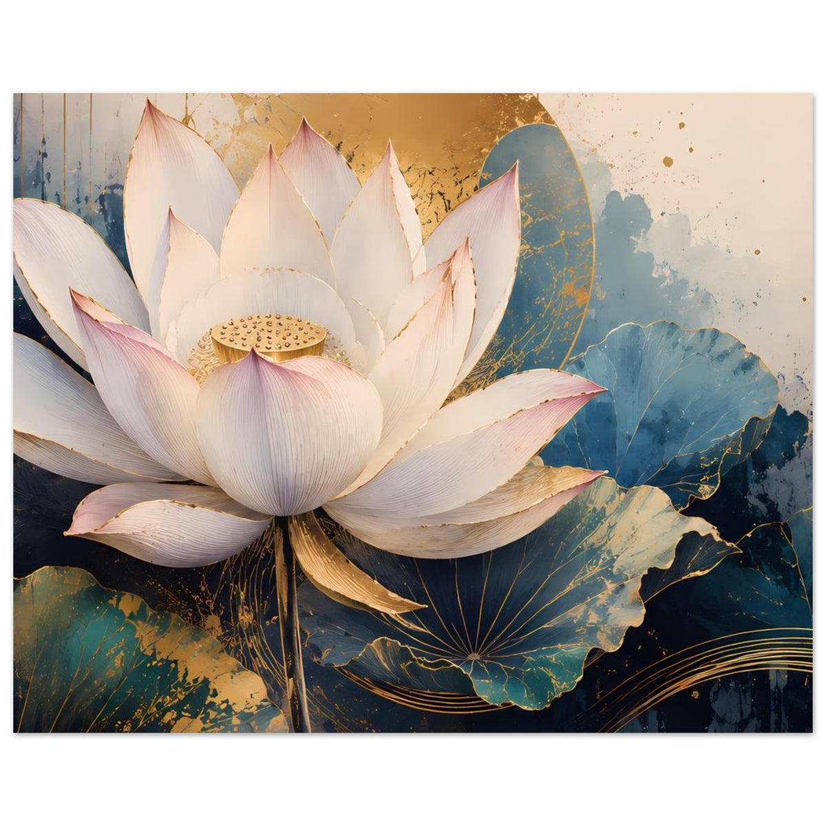 Lotusblumen-Poster mit weißen Lotusblättern, blauem Wasserfleckmuster und goldenen Linien