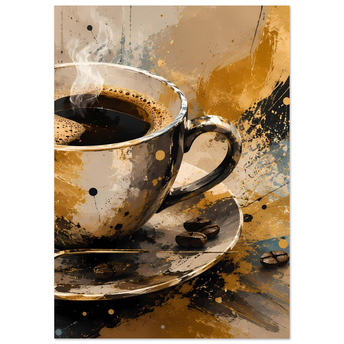 Kunstposter mit Kaffeetasse, Dampf und Untertasse; goldene Farbflecken und Bohnen