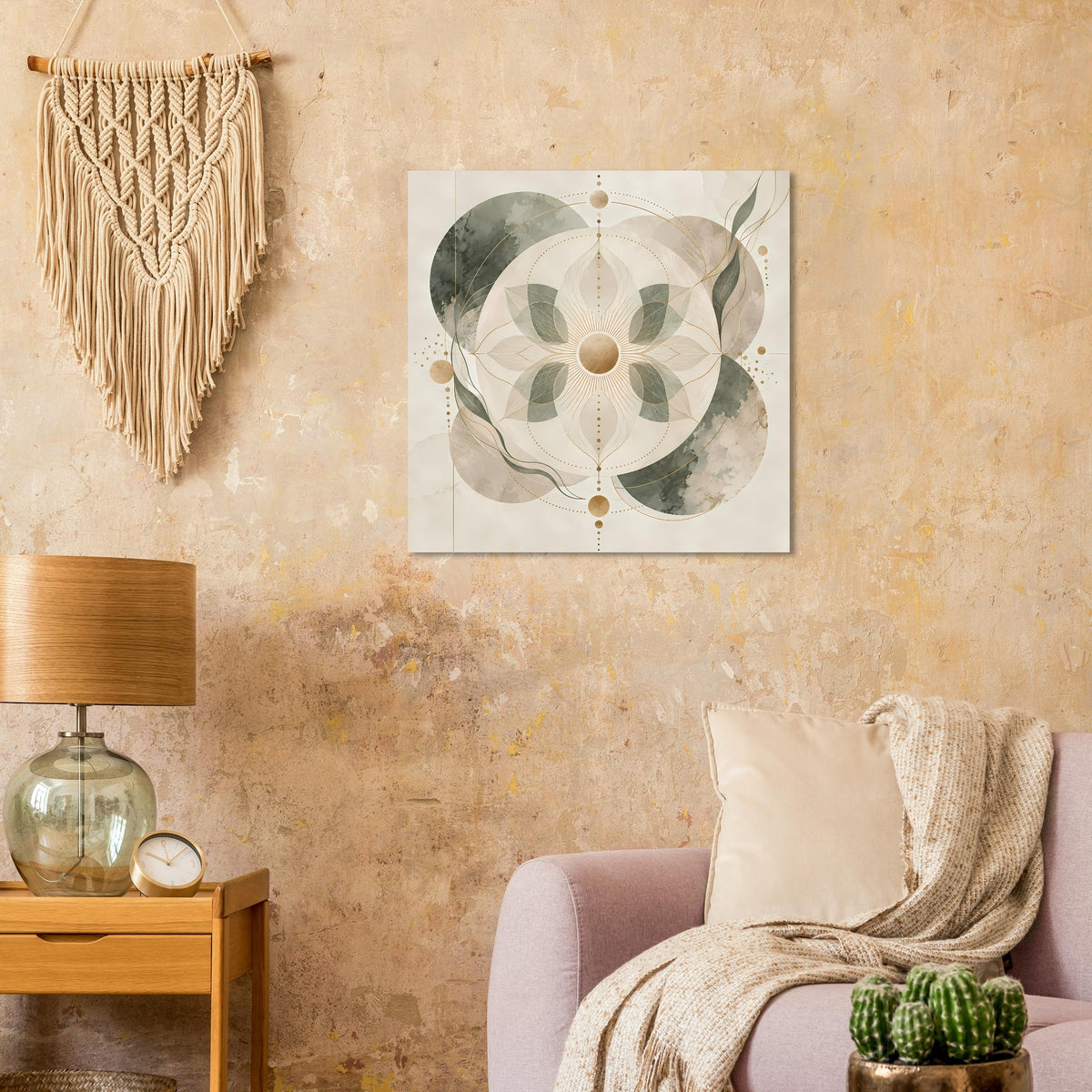 Quadratisches Mandala-Poster mit kreisförmigem Design in Beige, Grün und goldenen Punkten
