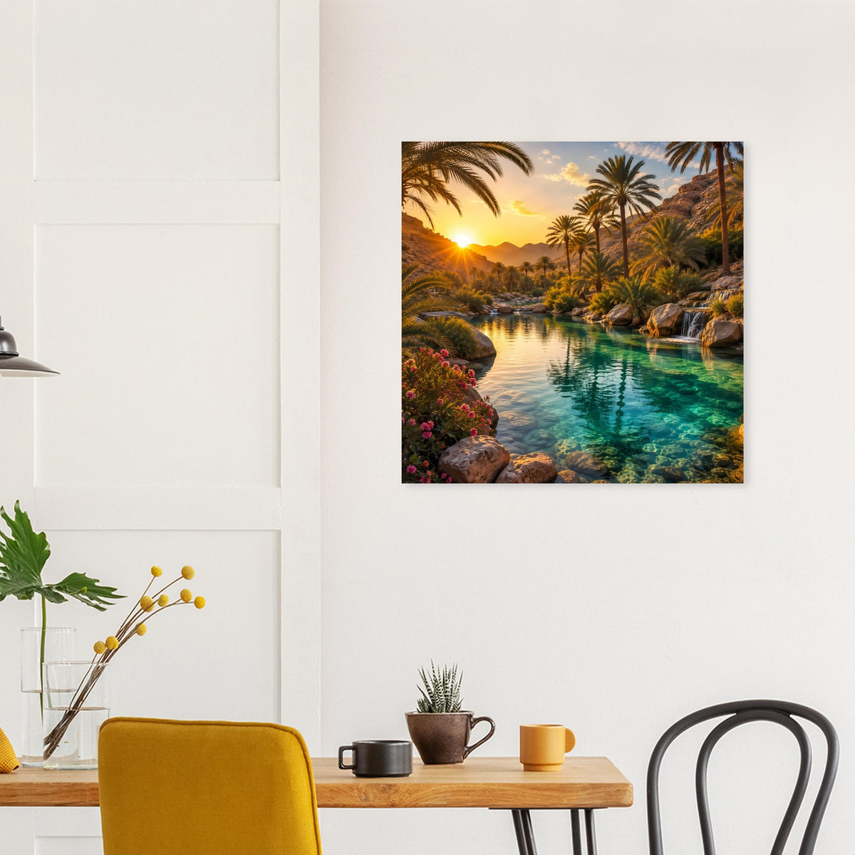 Quadratisches Poster mit tropischer Sonnenuntergangszene, türkisfarbenem Wasser und Palmen