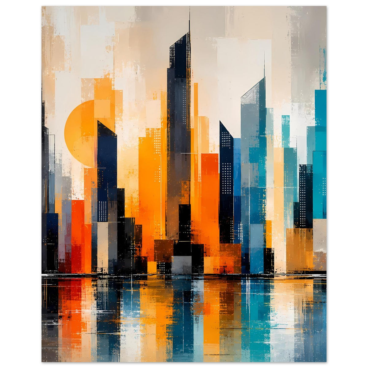 Abstraktes Skyline-Poster im Hochformat mit orangefarbenen und türkisblauen Gebäudeformen