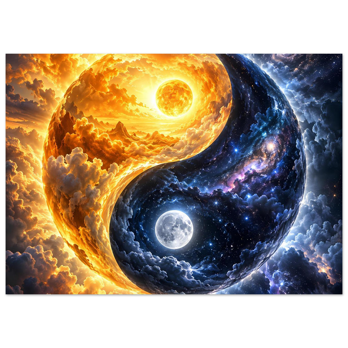Querformat-Poster zeigt Yin-Yang: Sonnenkern links, Mondmond rechts, nebelfarbene Sterne