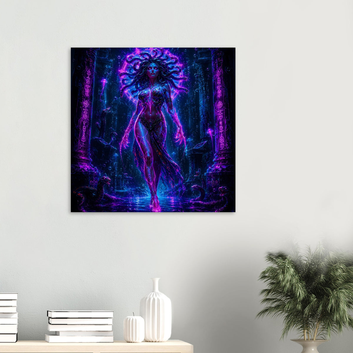 Quadratisches gerahmtes Poster mit neonblauer Medusa-Figur im Dunkeltempel