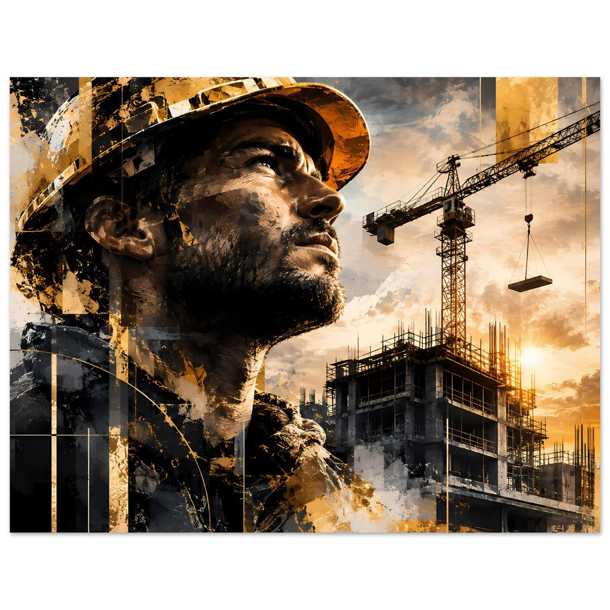 Bauarbeiter-Porträt-Poster, Helmgesicht im Vordergrund, Baustelle und Kräne rechts