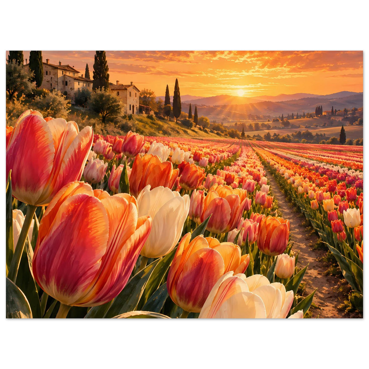 Poster: Tulpenfeld mit orange-roten Blumen im Sonnenuntergang, Querformat