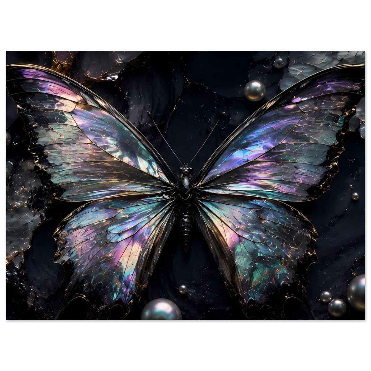 Panorama-Schmetterling-Poster mit irisierenden Flügeln, türkis-violetten Schattierungen