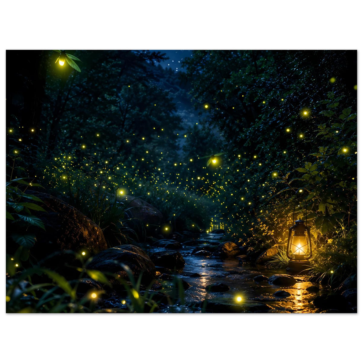 Poster mit dunklem Wald und glühenden Punkten am Weg, Laterne am rechten Rand