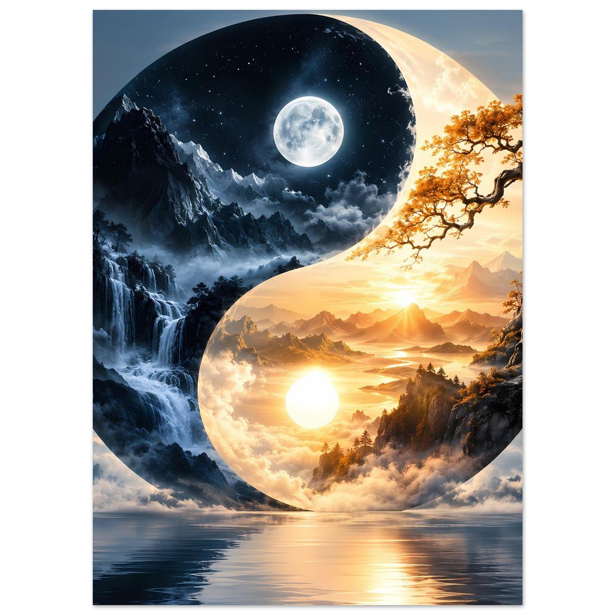 Yin-Yang-Landschaftsposter mit nächtlichem Gebirge und Tageslichtlandschaft im Kreismotiv