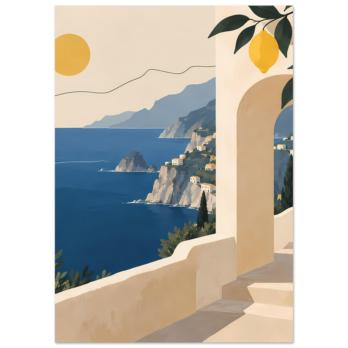 Mediterranes Landschaftsposter mit Küstenlinie, Bergen und Balkonbogen mit Zitronen