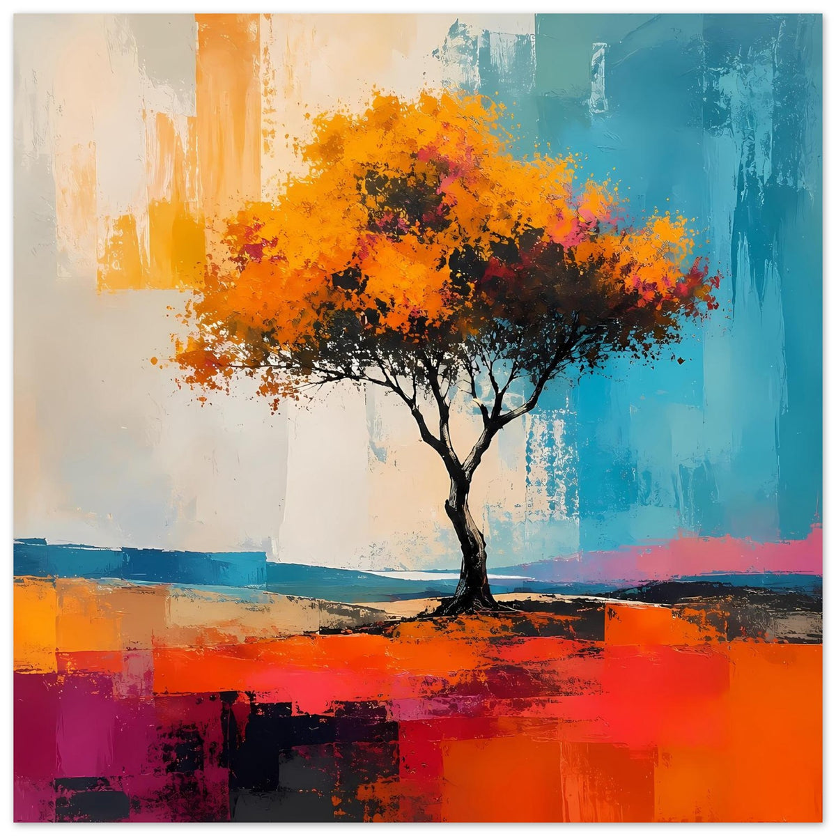 Abstraktes Poster mit zentralem Baum, orange Blätter, türkisfarbene Flächen
