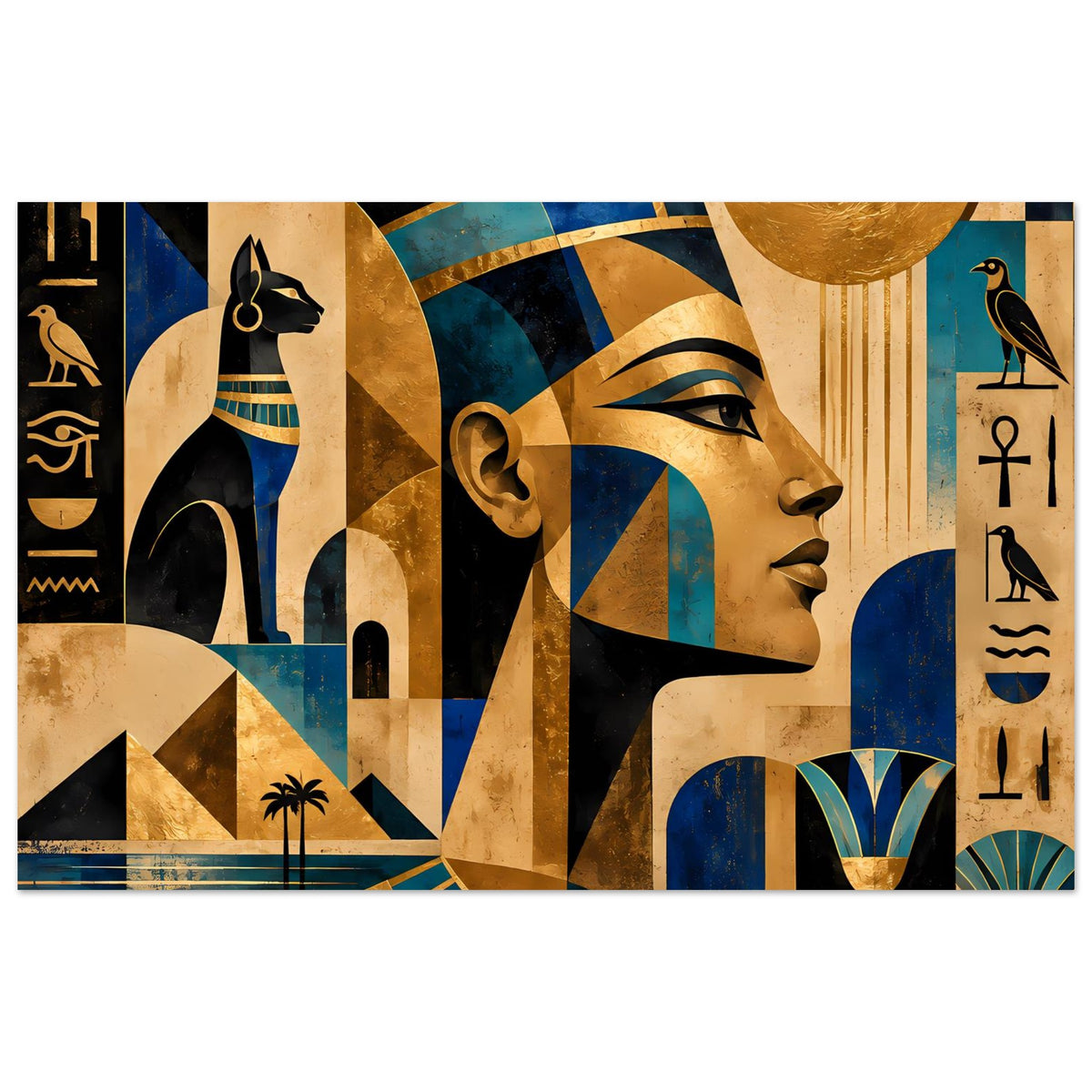 Ägyptisches Kunstposter im Querformat mit Profilkopf, Vasen und Hieroglyphen in Gold- und Blautönen