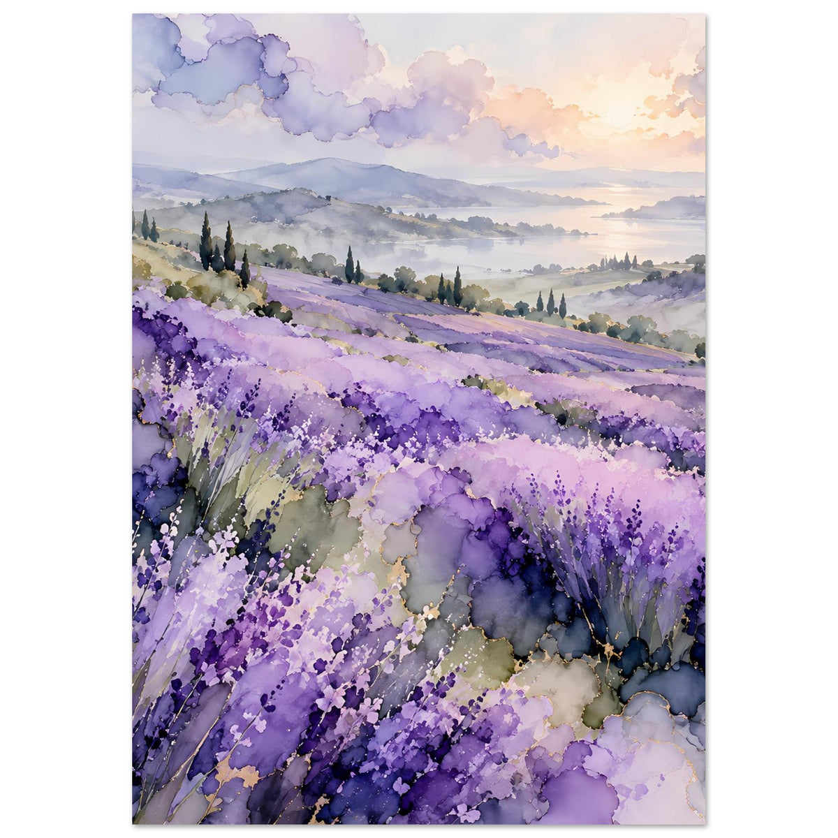 Aquarell-Landschaftsposter mit violetten Lavendelreihen, Hügeln, sanfter Dunstlandschaft