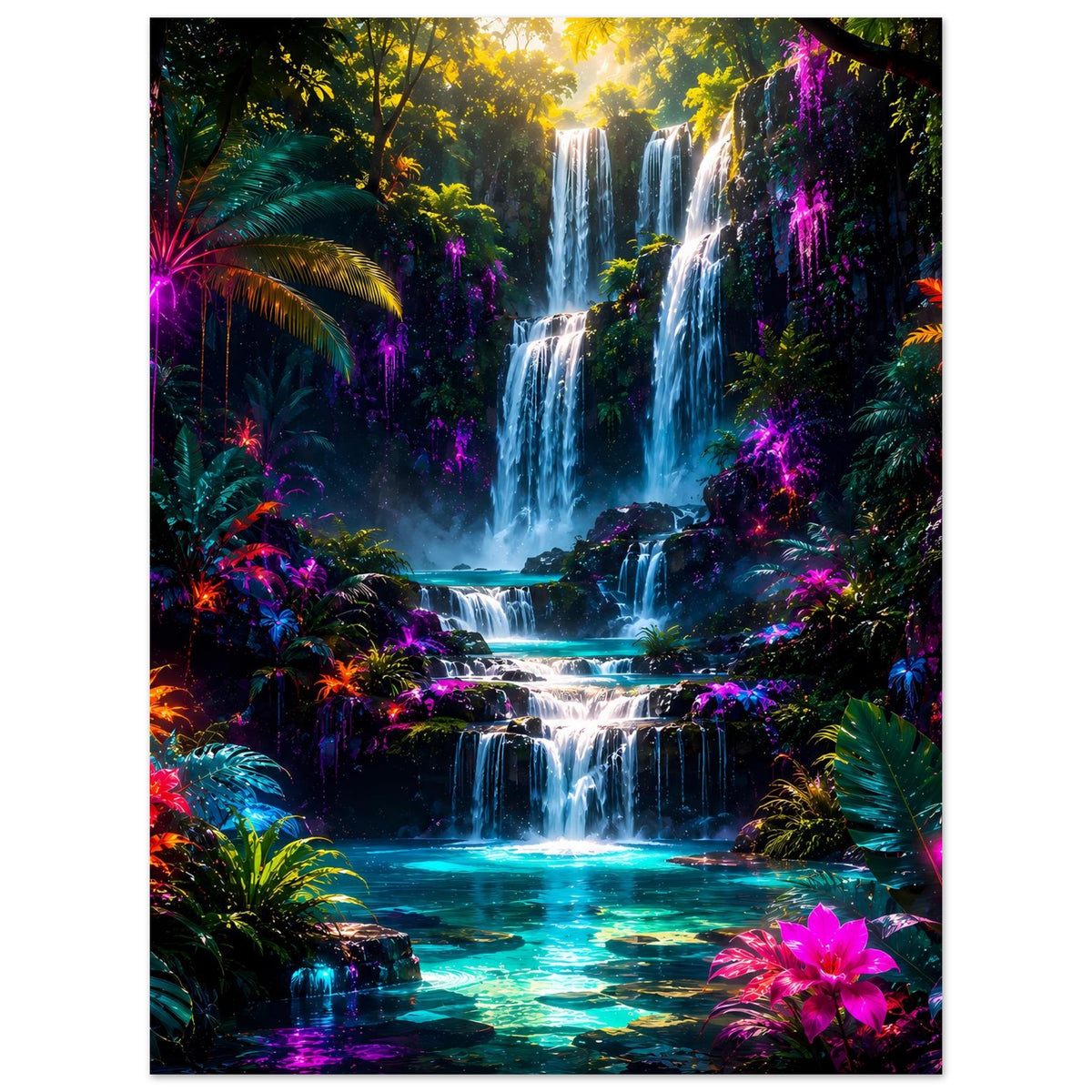 Poster mit leuchtendem Wasserfall im Regenwald, Neonpflanzen und farbige Lichter