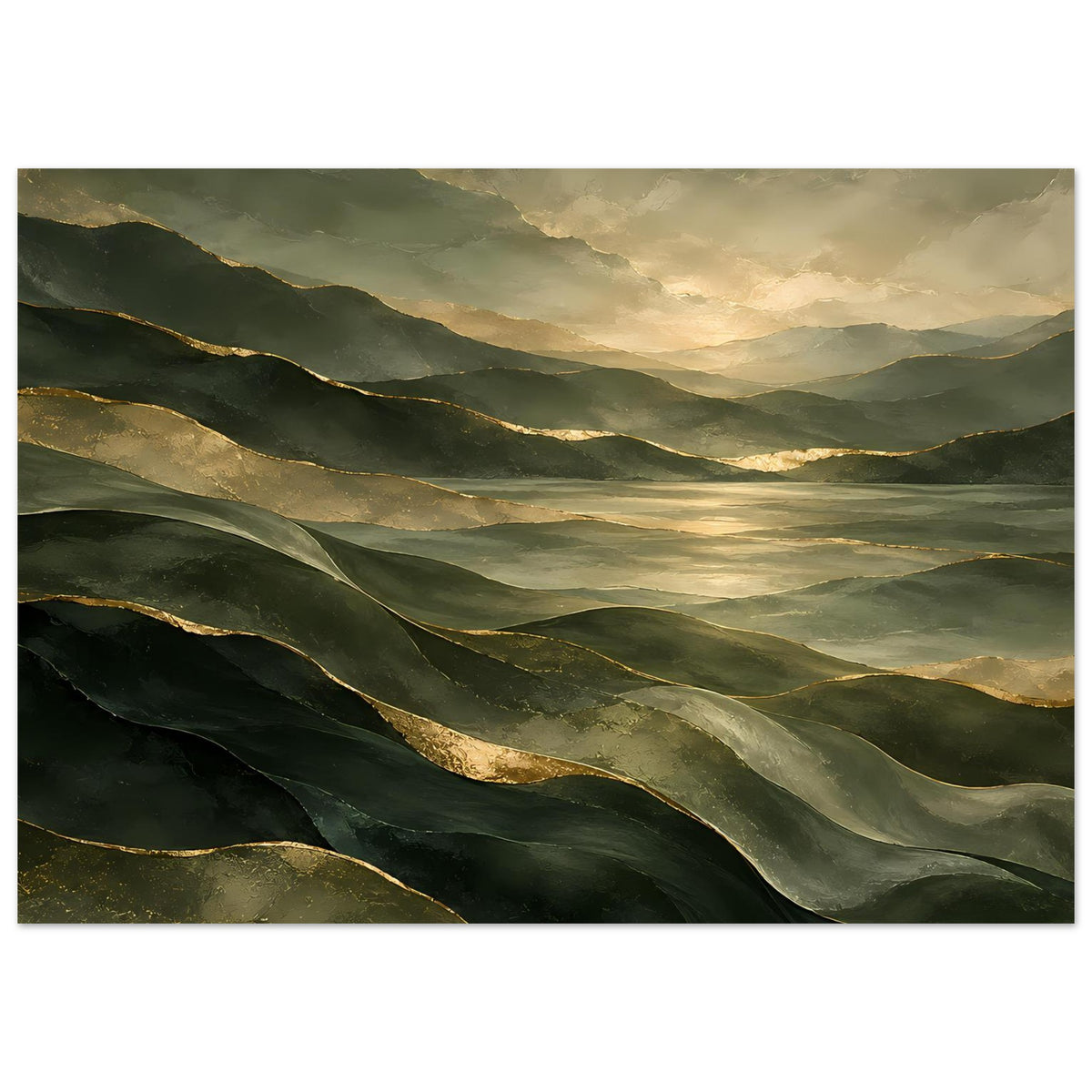 Landschafts-Poster mit grünen Terrassenbergen, goldenen Akzenten und hellem Himmel