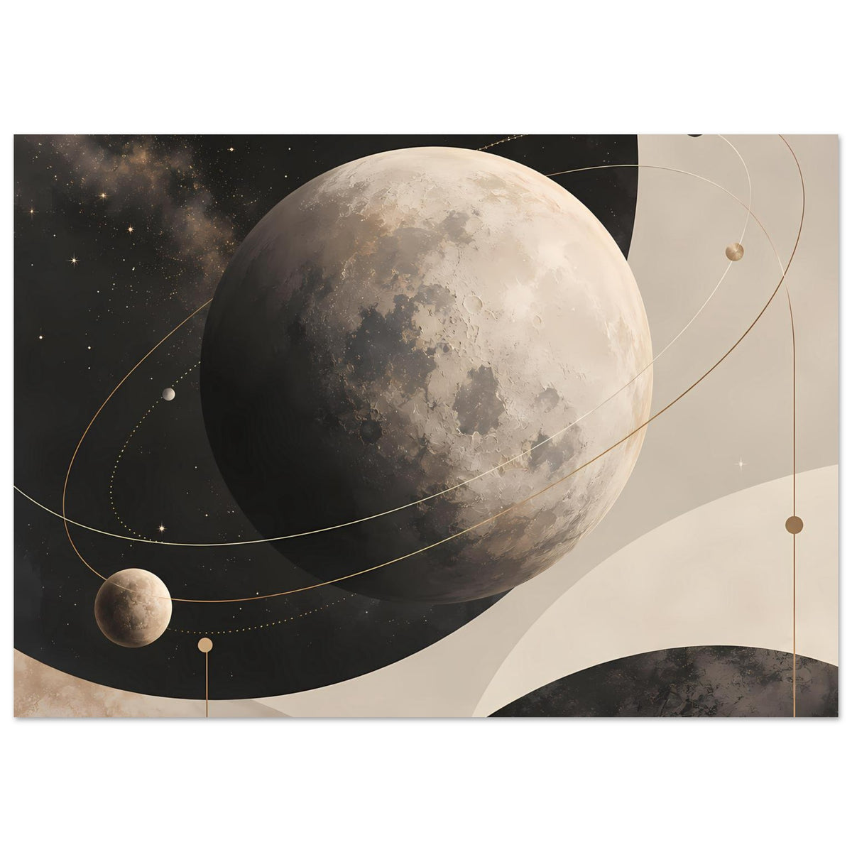 Poster: großer Mond, Sterne und goldene Umlaufbahnen in warmen Brauntönen und Beige.