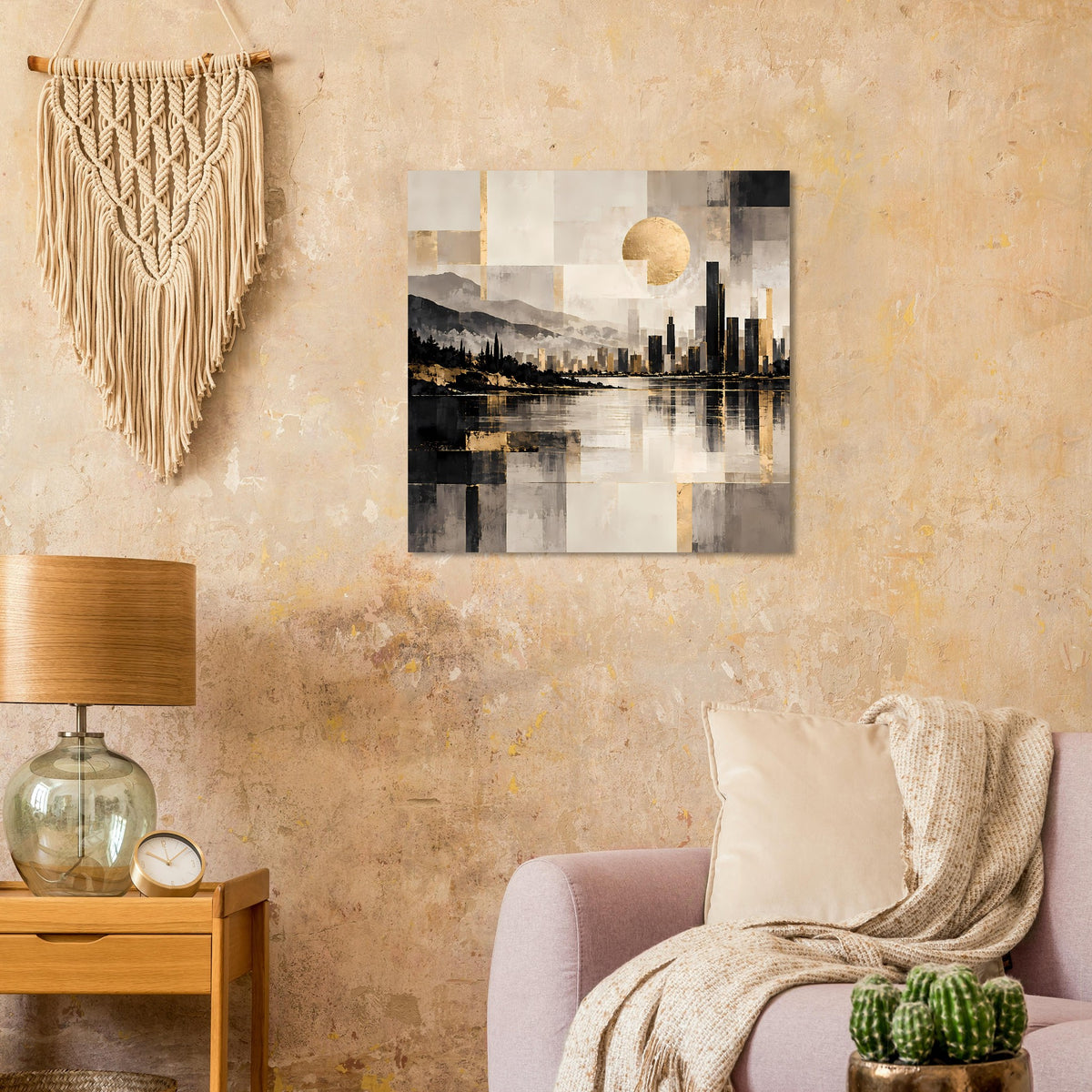 Stadtbild-Poster mit goldener Sonne, schwarzer Skyline und abstrakten Beige-Weiß-Flächen