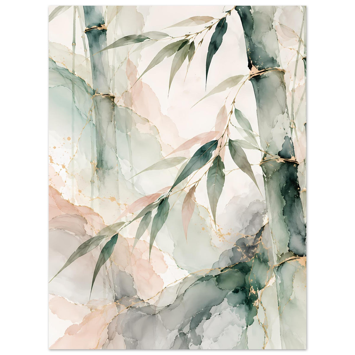 Naturposter mit Bambusstämmen und -blättern im Aquarell-Look, sanftes Grün und Beige
