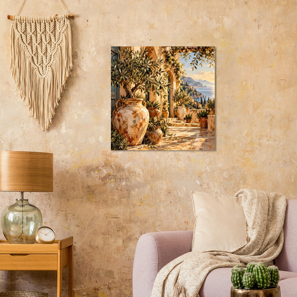 Mediterranes Wandposter mit Terrakotta-Gefäßen, Olivenbaum und sonnigem Terrassenweg.