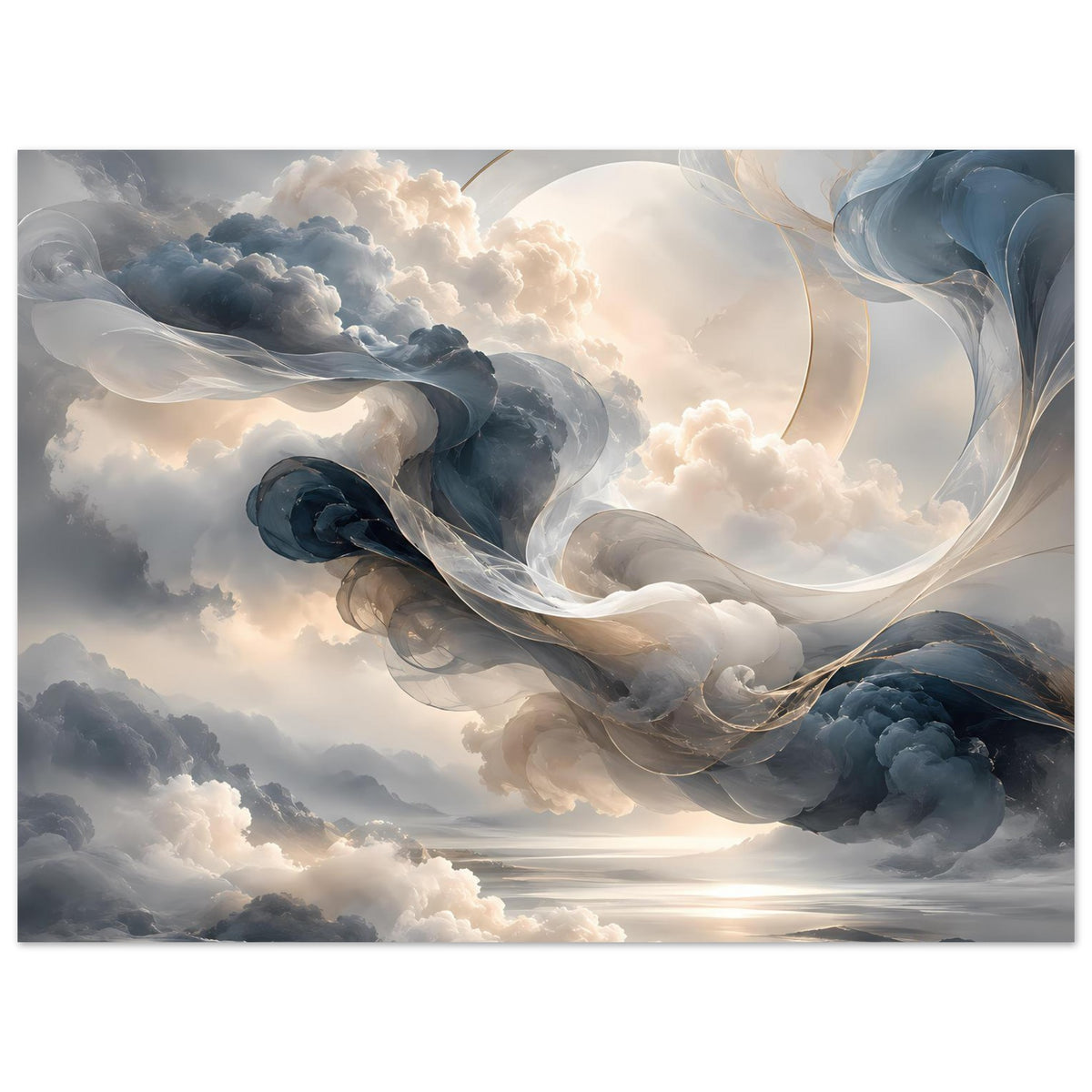 Abstraktes Himmelsposter im Querformat: große Wolkenbänder, helle Schleifen, sanfte Sonne