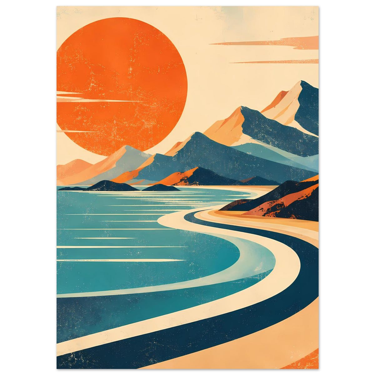 Vintage-Landschaftsposter mit orangefarbener Sonne, blauen Bergen und langem Weg