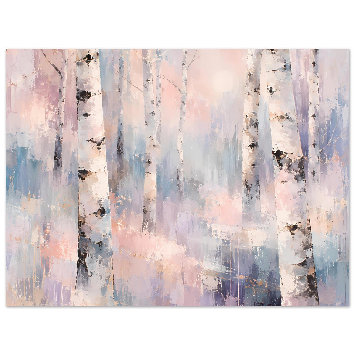 Pastell-Naturposter mit Birkenwald, großen weißen Baumstämmen und blassen Blau-Rosa-Schattierungen.