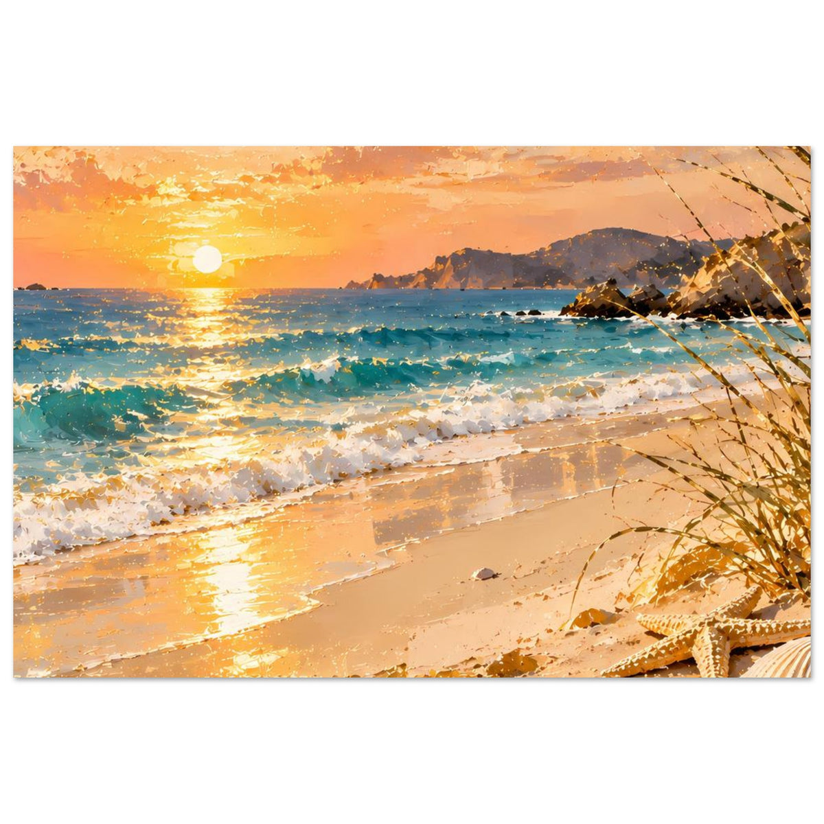 Horizontales Poster mit Strandlinie, untergehender Sonne, türkisblauem Meer und Muscheldetails