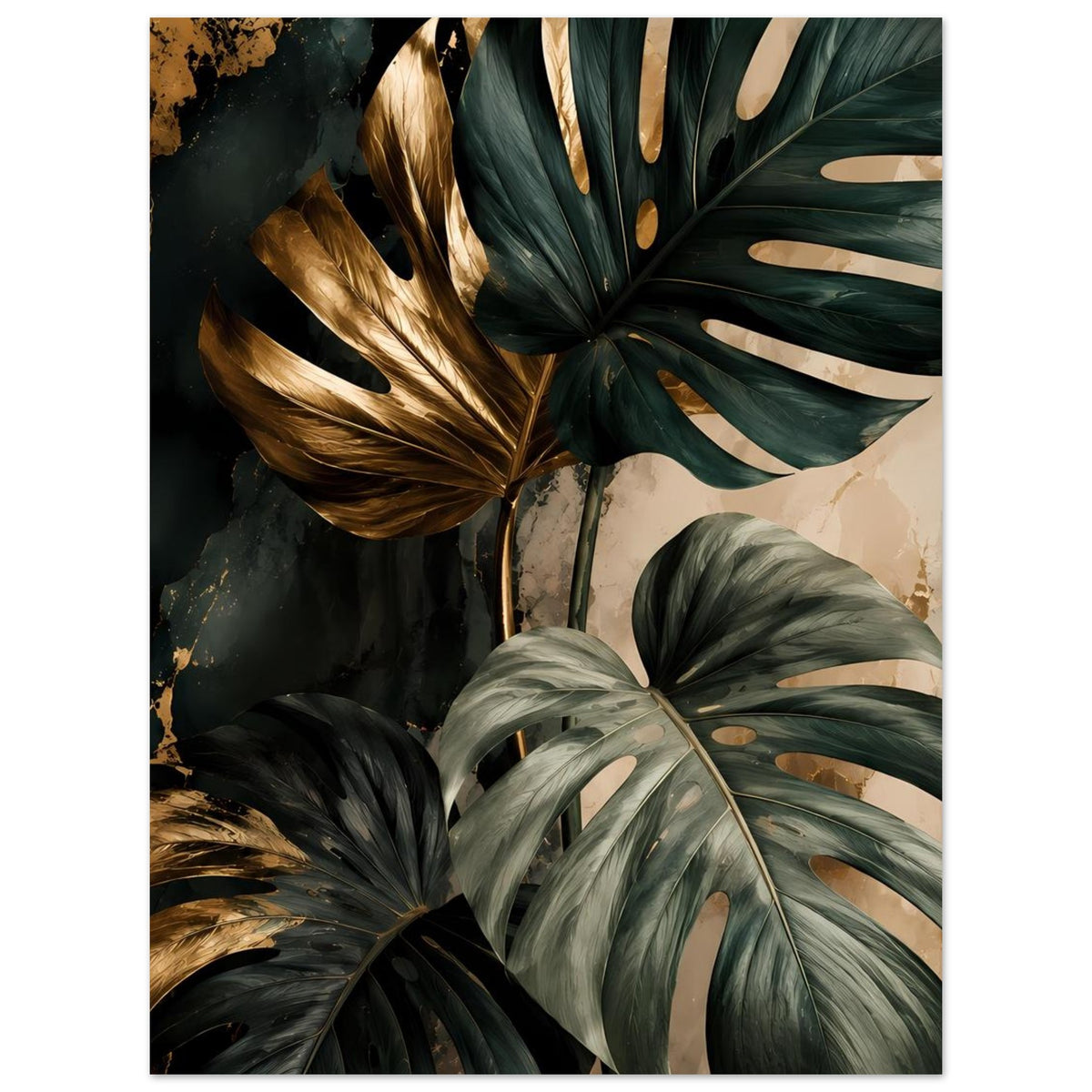 Monstera-Blätter-Poster mit dunkelgrünen Blättern und goldfarbenen Akzenten