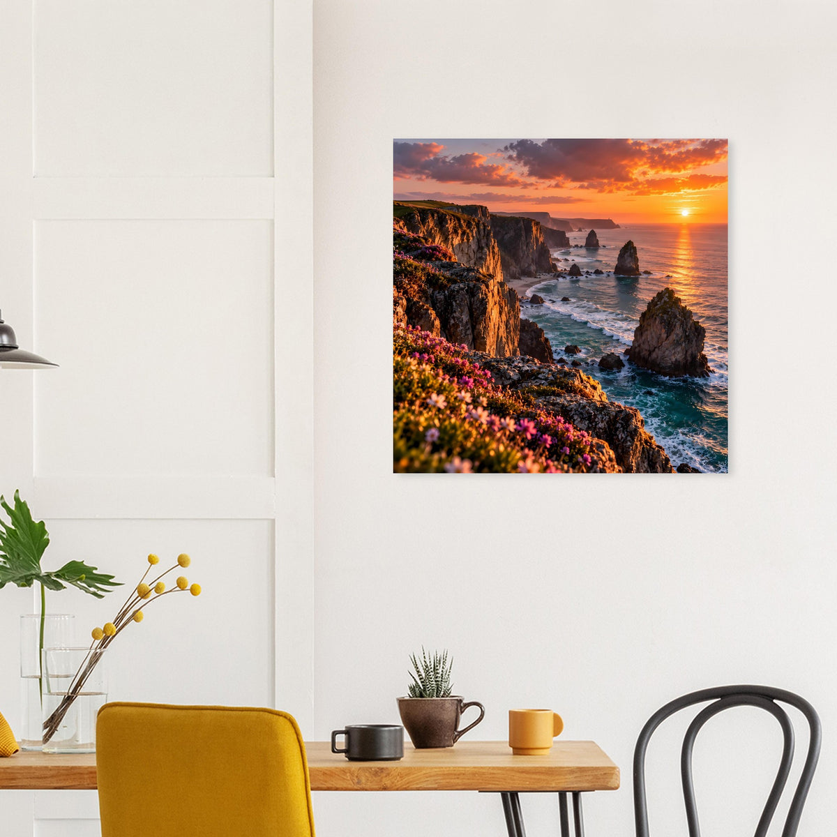 Quadratisches Poster mit felsiger Küste und Sonnenuntergang am Meer