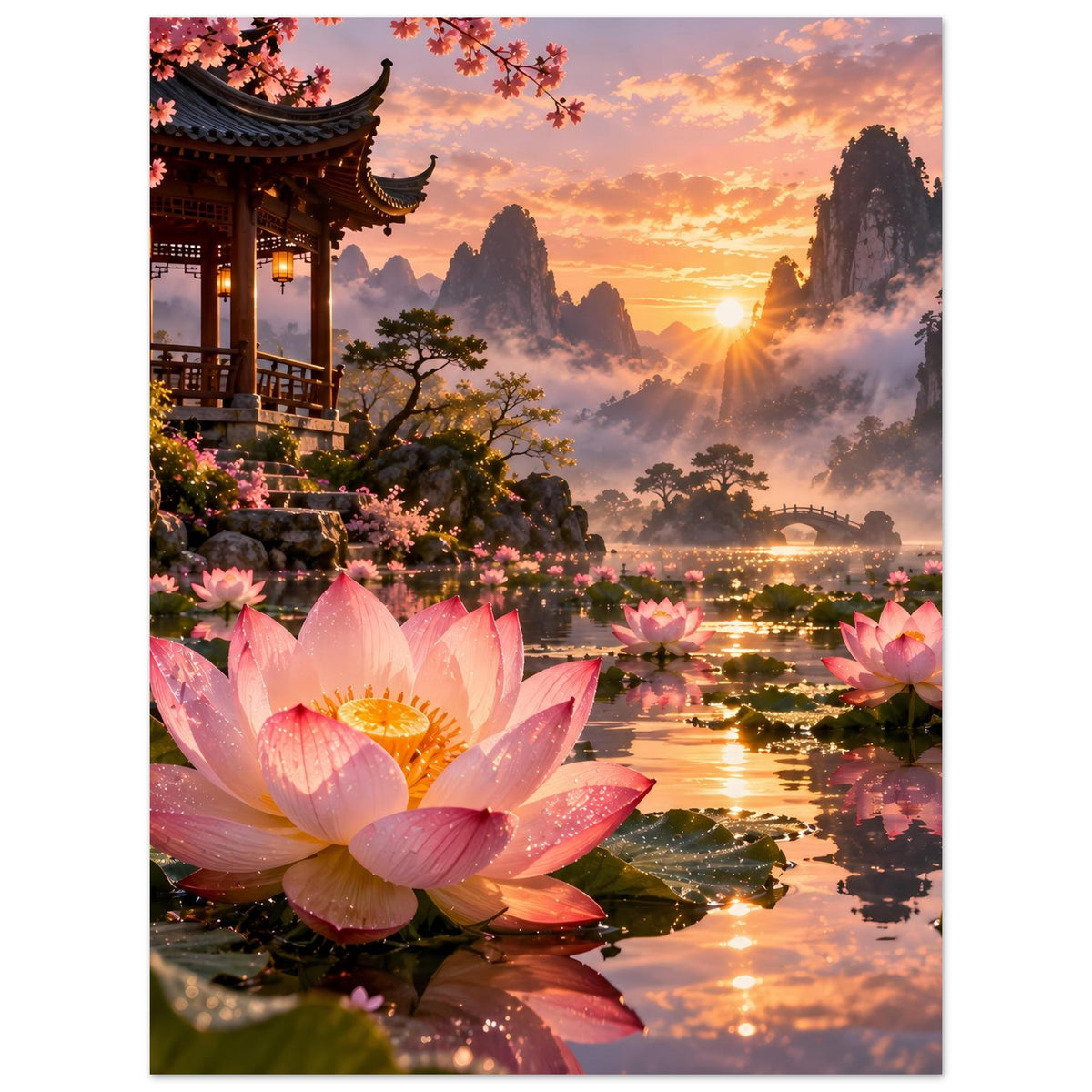 Poster mit großen rosa Lotusblüten, ruhigem Wasser und Pagode bei Sonnenuntergang