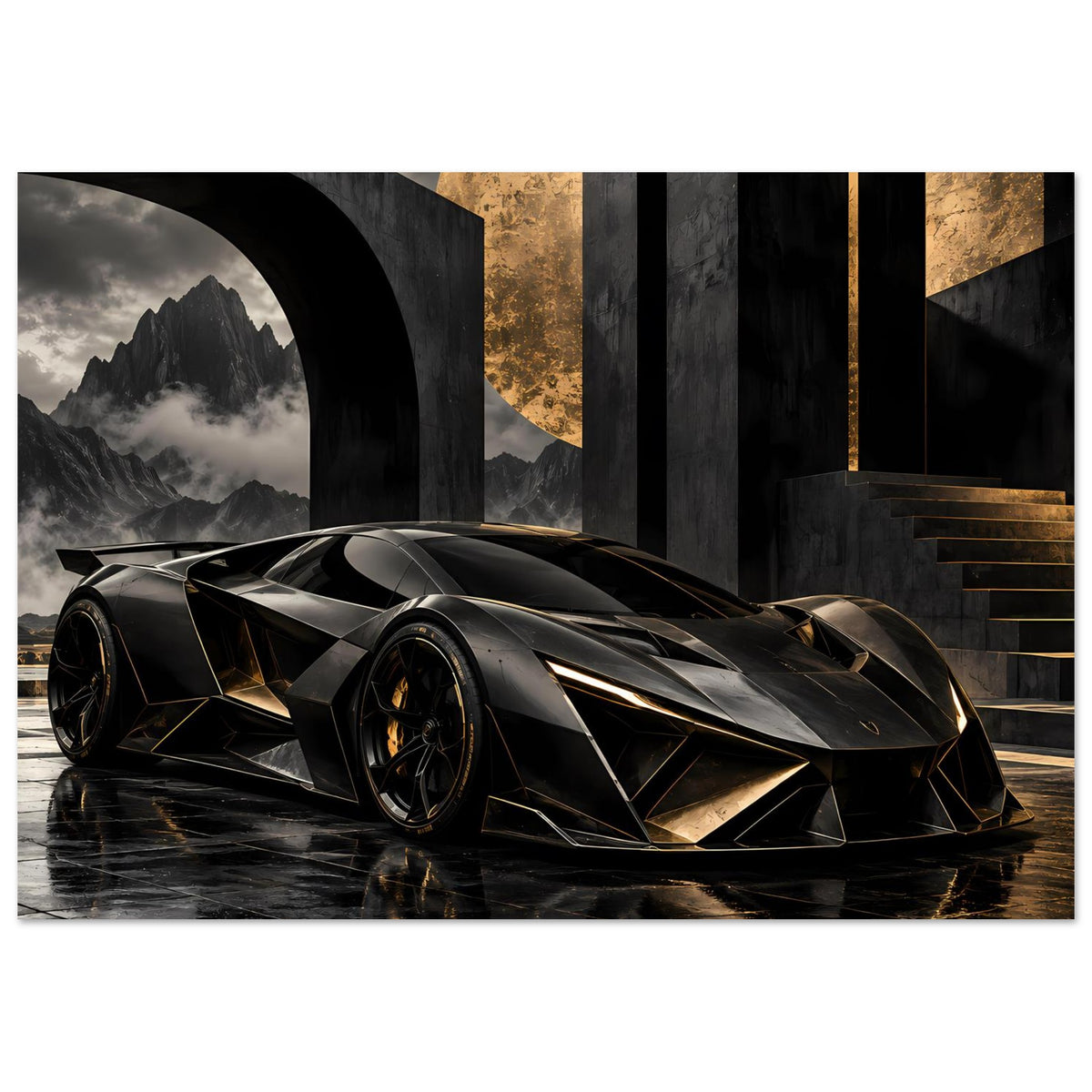 Futuristisches Supersportwagen-Poster: schwarzer Rennwagen mit goldenen Kanten, breiter Schnitt