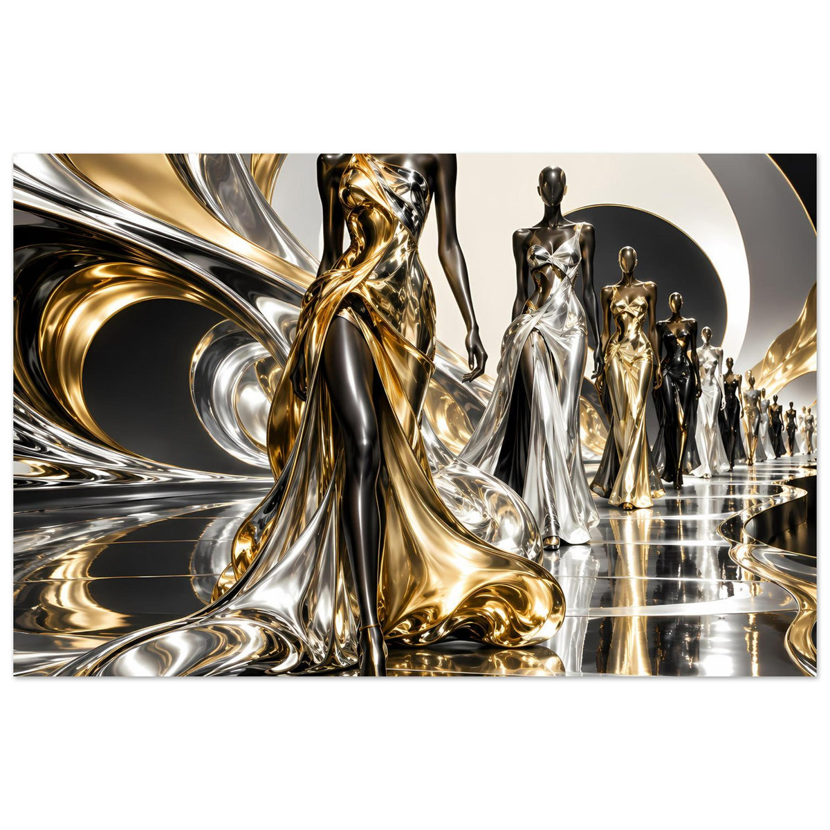Gold- und Silberfarbenes Poster mit abstrakten Figurenskulpturen und Spiegelungen auf Boden