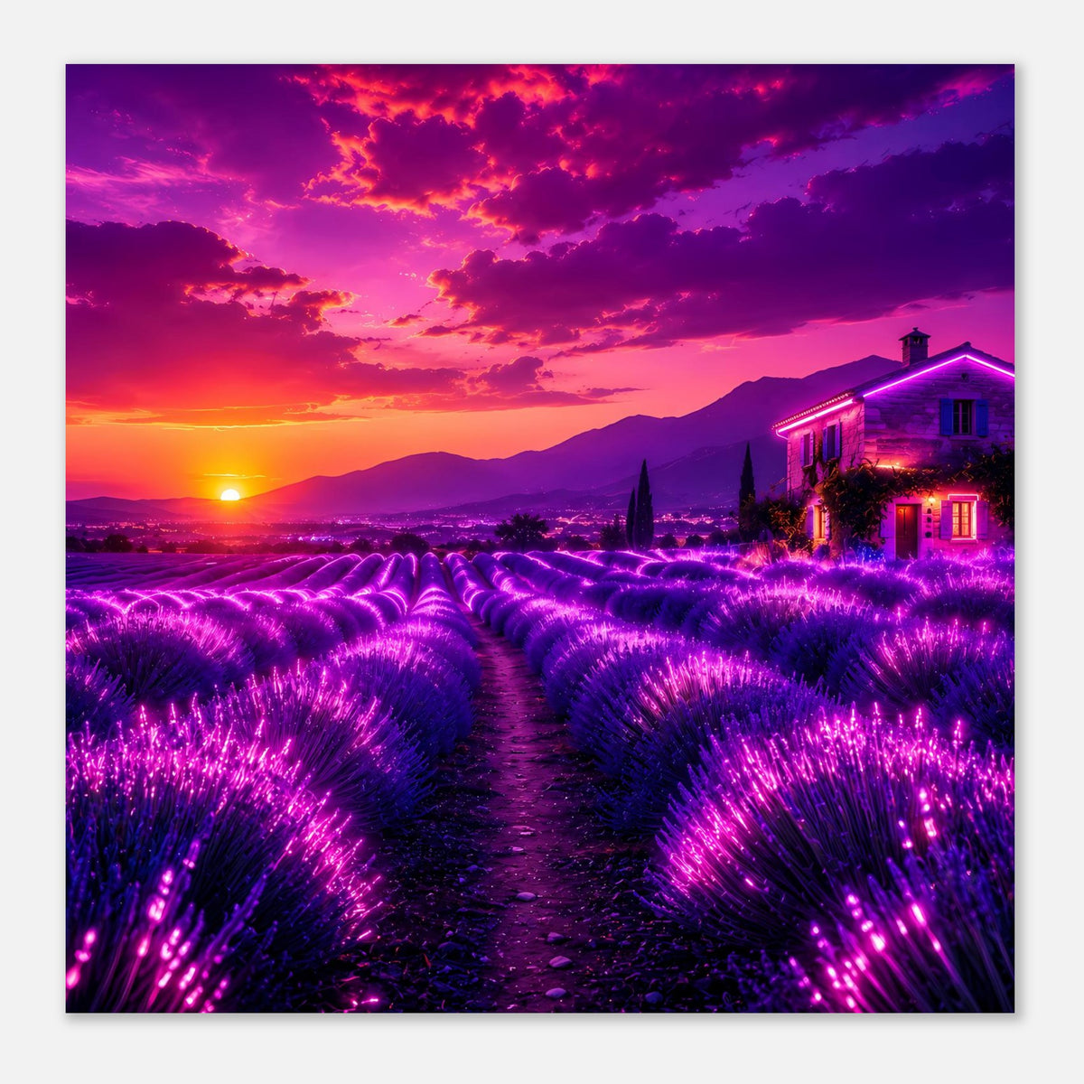 Lavendelfeld-Poster: violette Blütenreihen, Weg und Haus bei farbigem Abendhimmel