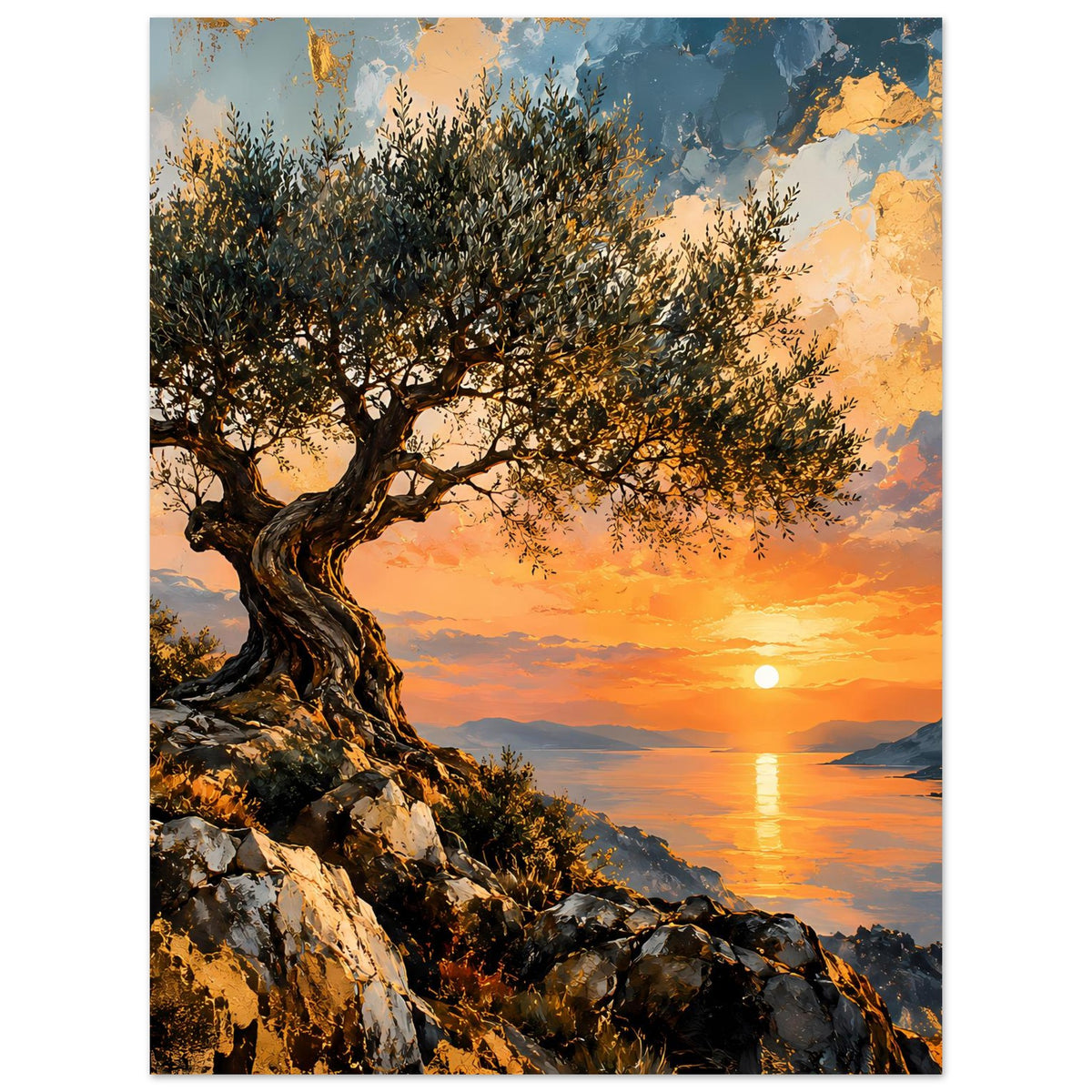 Vertikales Poster: Olivenbaumkrone über Steinen bei goldenem Sonnenuntergang mit flachem Meer