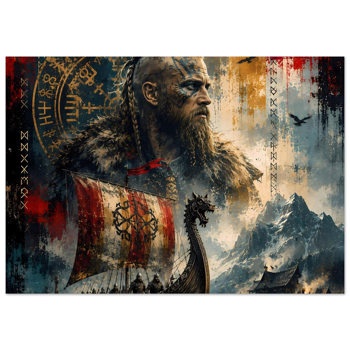 Wikinger-Legendenposter: Bartmann, Bannerflagge, Kriegsschiff-Figuren und eisige Berge