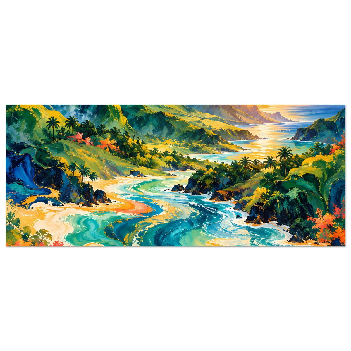 Tropisches Sonnenuntergangs-Poster, horizontal: bunte Wellen, Palmen und Flusslauf
