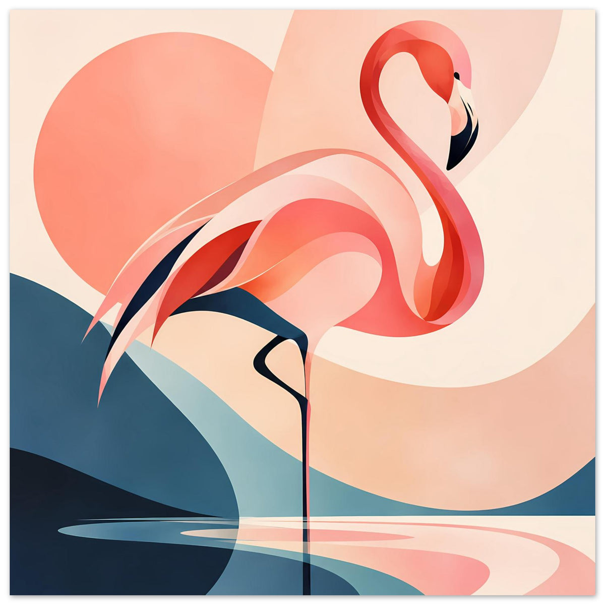 Abstrakter Flamingo-Sonnenuntergang Kunstdruck mit rotem Flamingo und blau-rosafarbenen Wellen.